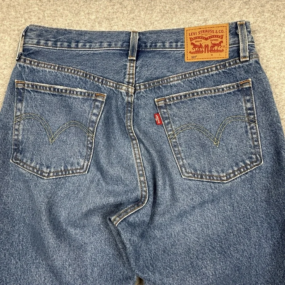 Levis 501 Button Fly‎ Jeans Mens 28x30 Straight Cotton Denim Red Tab Distressed
